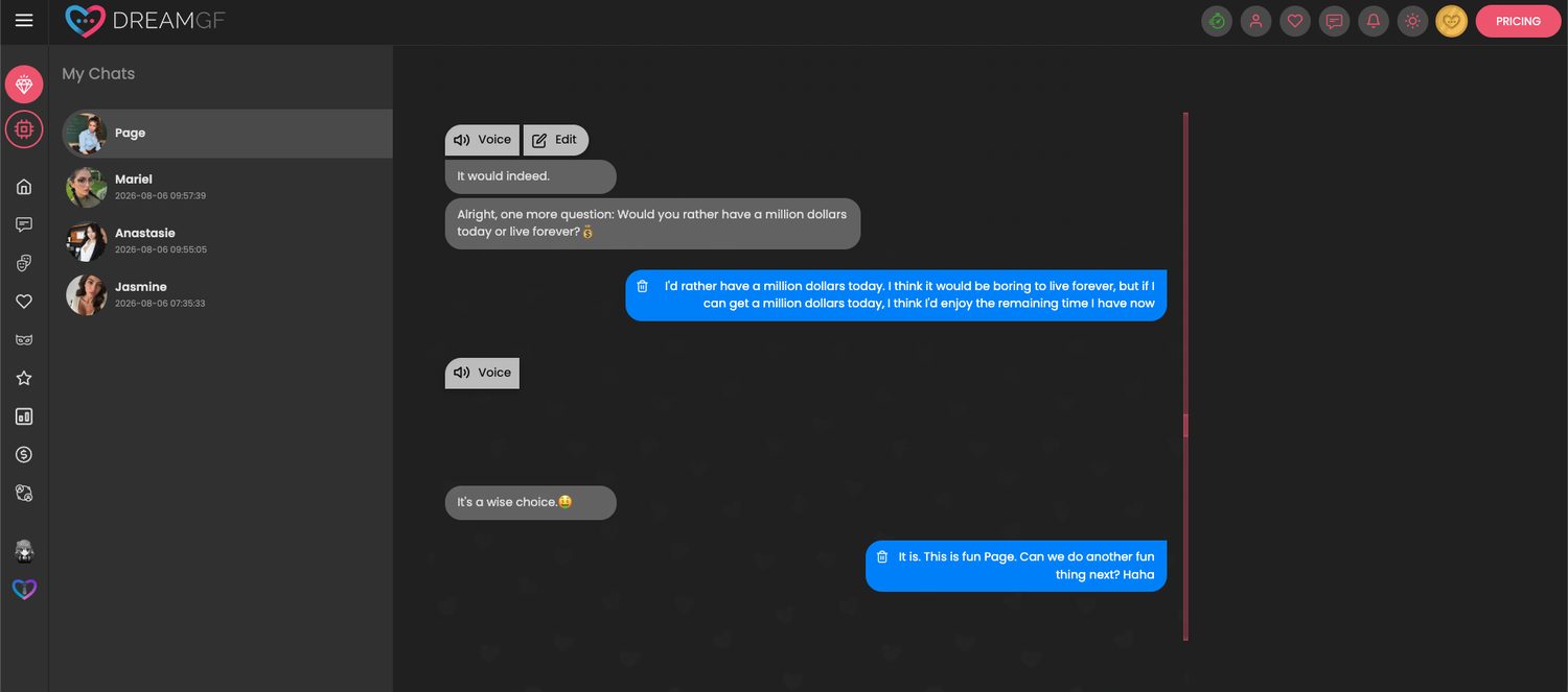 Page playing a would-you-rather game in the DreamGF chat, asking about a million dollars today or living forever