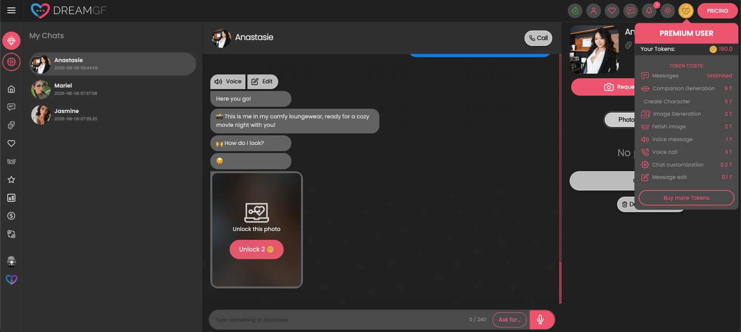 DreamGF token cost menu showing unlimited messages alongside per-token prices, next to a locked photo in the chat